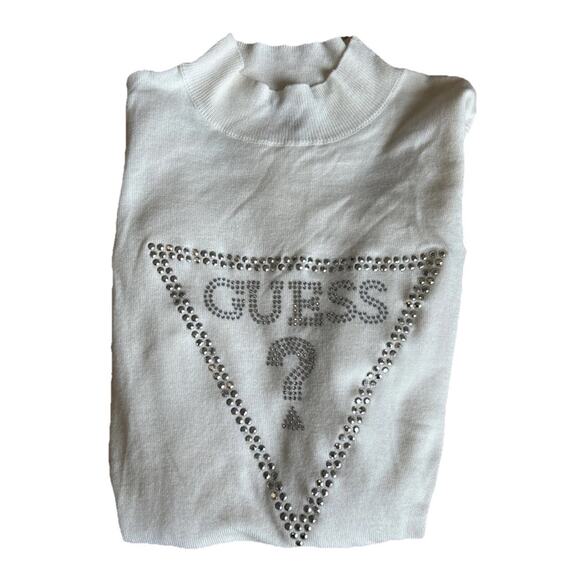 Guess Logo Turtleneck Large Rhinestones Studs Womens Preppy Y2K Viscose Sweater - Picture 2 of 12